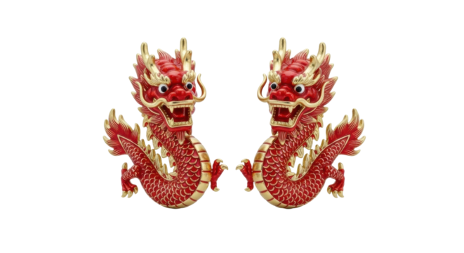 Dual red dragons with golden accents on black background
