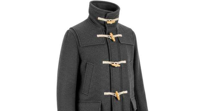 Dark gray wool duffle coat with toggle fastenings and high collar