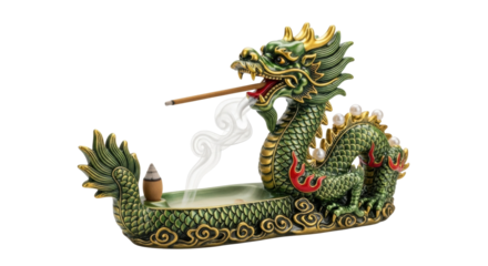 Intricate green dragon incense holder with decorative smoke design
