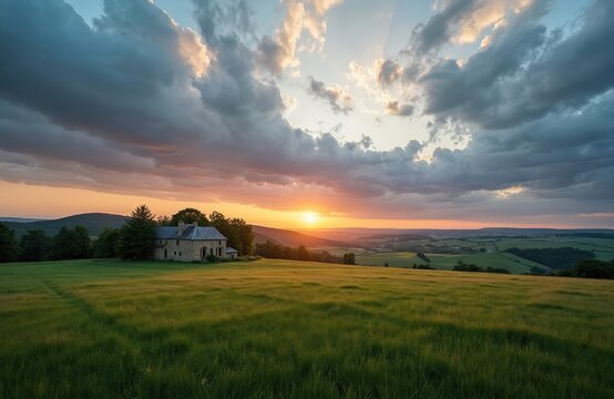 Stone house sits in green field during sunset. Sun dips below hills painting sky with warm colors, dramatic clouds drift. Rural landscape with rolling hills and distant farms.