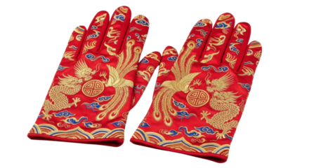 Red silk gloves with gold dragon and phoenix embroidery on black background