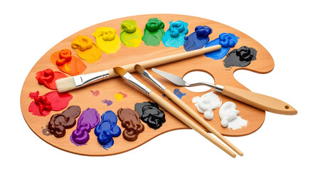 Artist Wooden Paint Palette With Brushes And Various Colors Of Oil Paint Vibrant Hues Ready For Creativity On Transparent Background