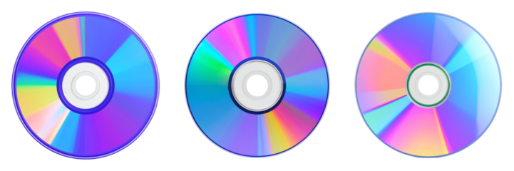 Three Compact Discs with Reflective Surfaces Isolated on Transparent Background Displaying Spectrum of Color
