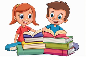 Cartoon Children Joyfully Reading Books Stacked High Education School on transparent background