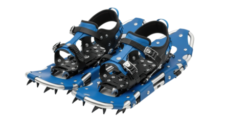 Blue and black trekking snowshoes with adjustable straps and spikes
