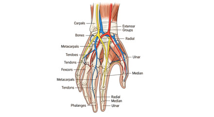 Anatomy of a Hand Bones, Tendons, and Nerves Illustration
