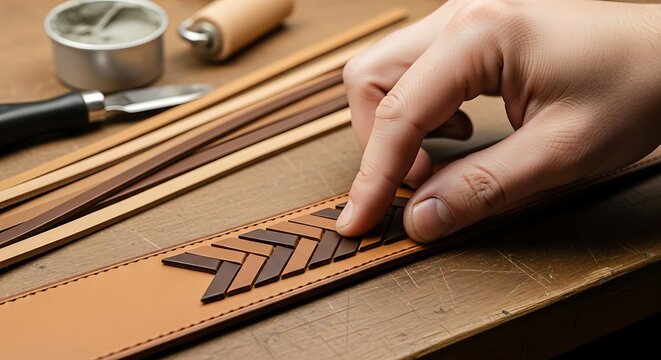 Artisan skillfully crafting leather accessories with intricate weaving design