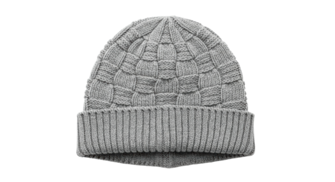 Cozy gray wool knit beanie hat with checkerboard pattern