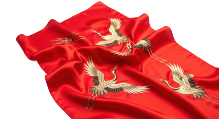Elegant red silk fabric with embroidered cranes on black background