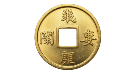 Antique chinese brass coin with square hole and kanji inscriptions