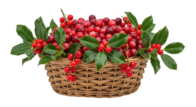 Basket of fresh red berries with green leaves on display