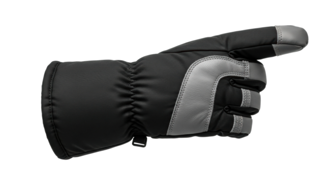 Winter glove with gray accents in pointing gesture