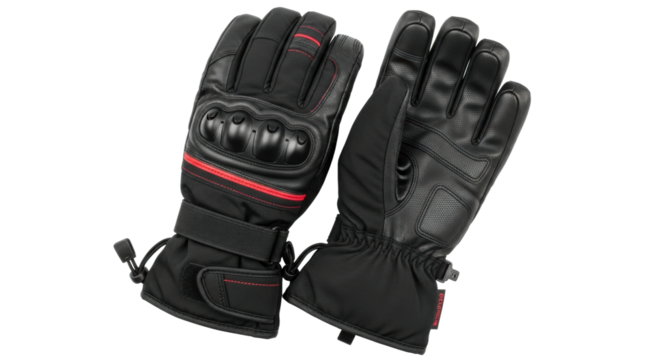 Black motorcycle riding gloves with red accents for protection and comfort - Powered by Adobe
