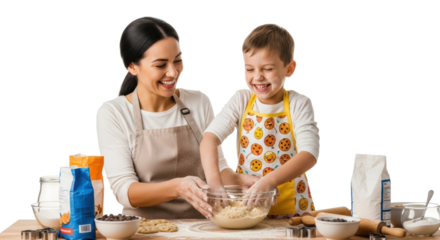 Asian female adult and caucasian male child baking together with joyful smiles in kitchen