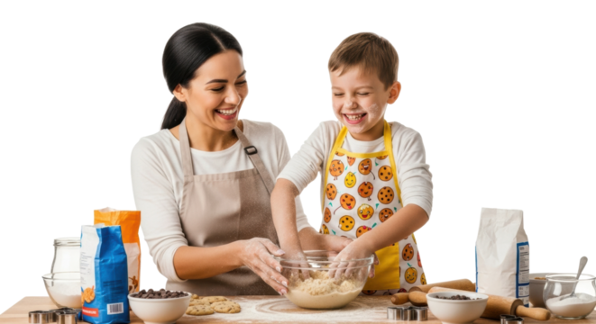Asian female adult and caucasian male child baking together with joyful smiles in kitchen