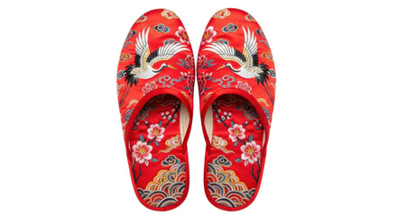 Red slippers with crane and floral design on black background