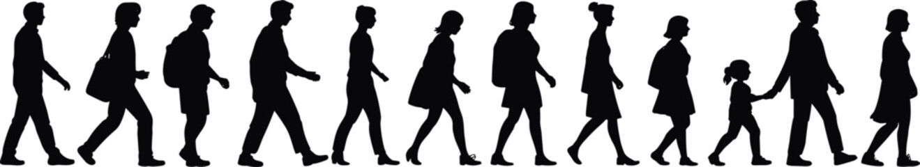 Walking people silhouettes vector set showing diverse postures, clothing styles, movement, demographics, urban pedestrians, and human figure illustrations