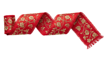 Intricate gold floral embroidery on red fabric with fringe detailing