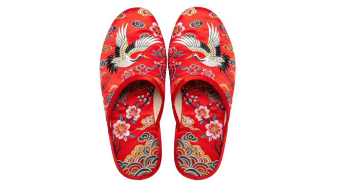 Red slippers with crane and floral design on black background