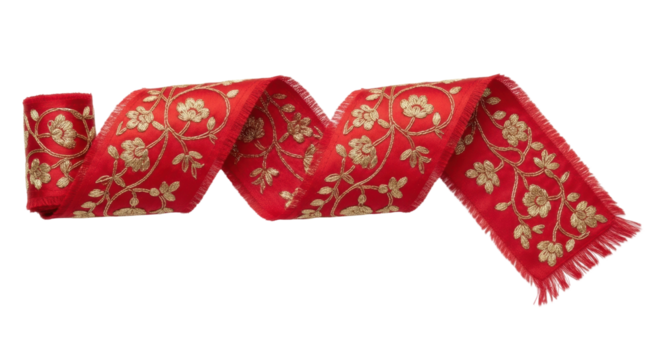 Intricate gold floral embroidery on red fabric with fringe detailing