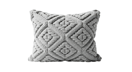 Handcrafted gray macramé pillow with geometric diamond pattern