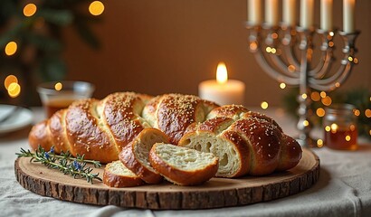 Freshly baked challah bread with candles and festive lights on wooden board