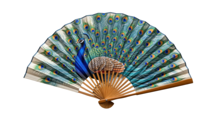 Colorful peacock on decorative asian fan with wooden handle