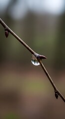 A close-up view of a slender tree branch with a single water droplet hanging from it, set against a blurred natural background during daytime
