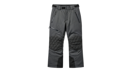 Gray winter cargo pants with quilted knee patches and zippered pockets