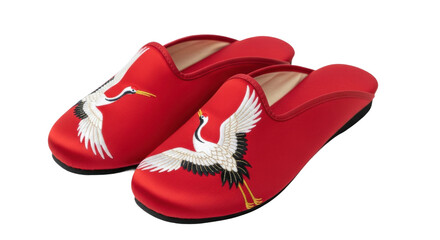 Obraz premium Red slippers with white crane embroidery on black background