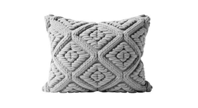 Handcrafted gray macramé pillow with geometric diamond pattern