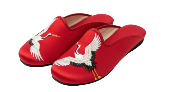 Red slippers with white crane embroidery on black background