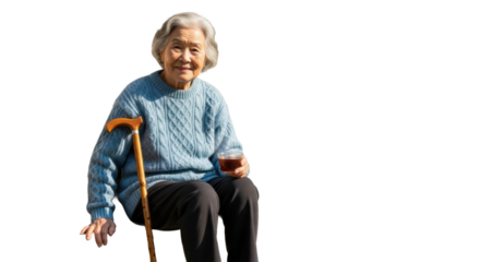 Elderly asian female seated outdoors with cane and drink on a sunny day
