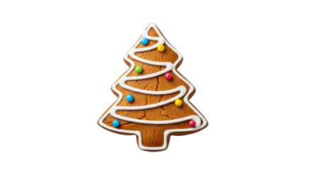 Gingerbread christmas tree cookie with colorful icing on black background