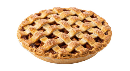 Delicious homemade apple pie with lattice crust on white background