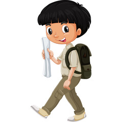 Young Boy Explorer With Backpack And Map Walking Towards Adventure On White Background