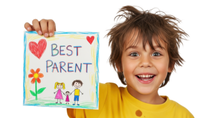 Happy caucasian young boy holding colorful 'best parent' drawing