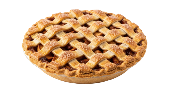 Delicious homemade apple pie with lattice crust on white background