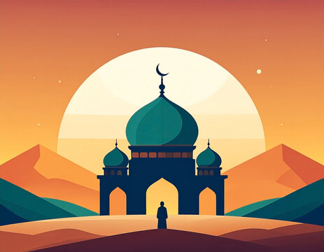 Silhouette of a mosque at sunset with desert hills