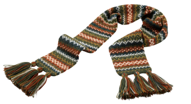 Colorful knitted scarf with tassels displaying chevron patterns
