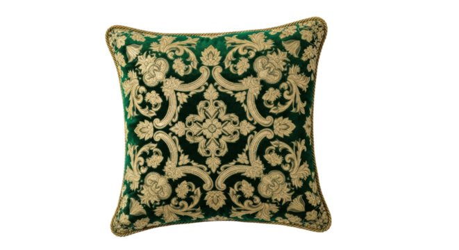 Luxurious green and gold embroidered cushion with ornate floral patterns