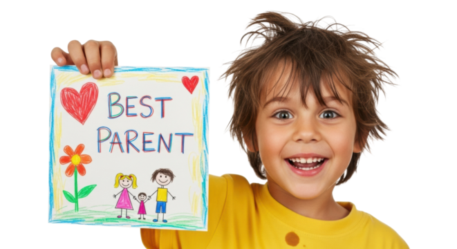 Happy caucasian young boy holding colorful 'best parent' drawing - Powered by Adobe