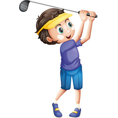 Young boy in a blue shirt and blue shorts with a yellow visor swinging a golf club with a white background