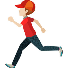 Young Boy In A Red T-shirt And Patterned Pants Running Forward While Wearing A Red And Orange Baseball Cap And Sneakers
