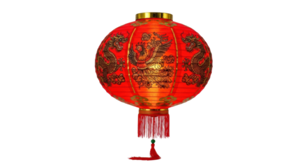 Traditional red chinese lantern with dragon and phoenix design