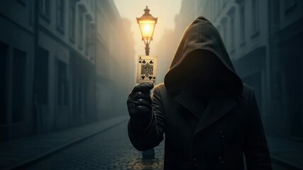 Mysterious figure in the fog, holding an Ace in a dark street, creating an atmosphere of suspense