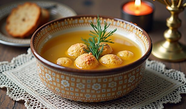 Warm pumpkin soup with bread dumplings and rosemary garnish on wooden table - Powered by Adobe