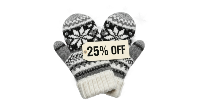 Winter sale: cozy snowflake mittens with 25% discount tag