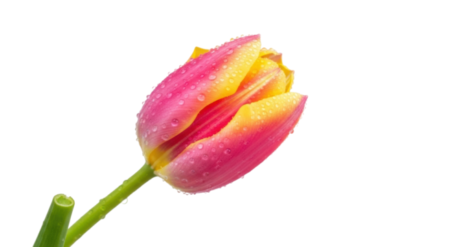 Close-up of dew-kissed pink and yellow tulip on black background