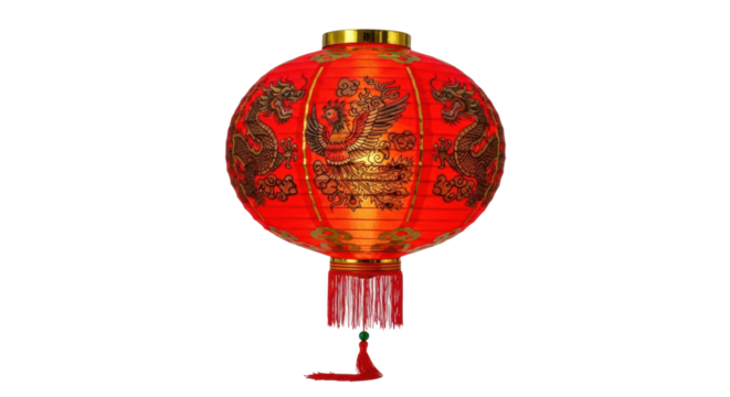 Traditional red chinese lantern with dragon and phoenix design